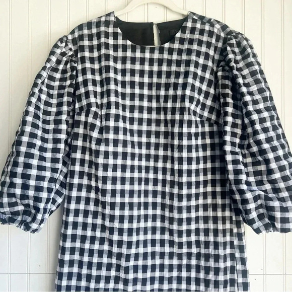 J. Crew Size XS Black and White Puff-Sleeve Mini Dress in Textured Plaid NEW! - Picture 4 of 10